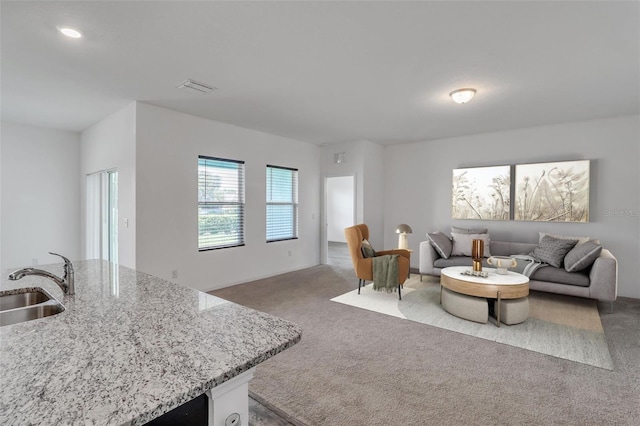 carpeted living room featuring sink