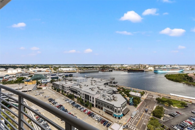 birds eye view of property with a water view