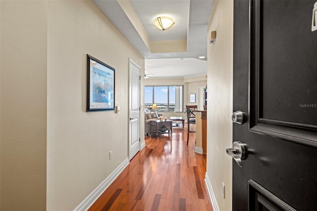 corridor with hardwood / wood-style flooring and a tray ceiling