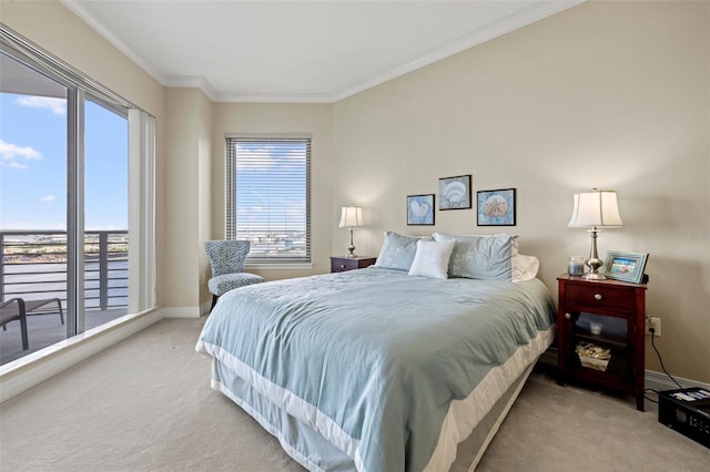 bedroom with carpet floors and ornamental molding