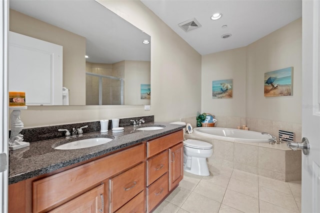 full bathroom with tile patterned floors, vanity, toilet, and plus walk in shower