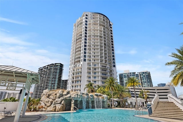 view of pool featuring pool water feature