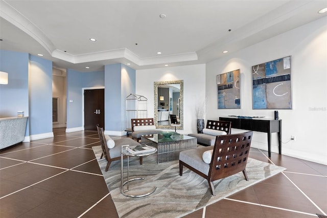 tiled living room with a tray ceiling and crown molding