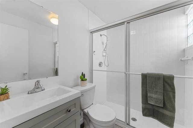 bathroom featuring vanity, toilet, and a shower with door