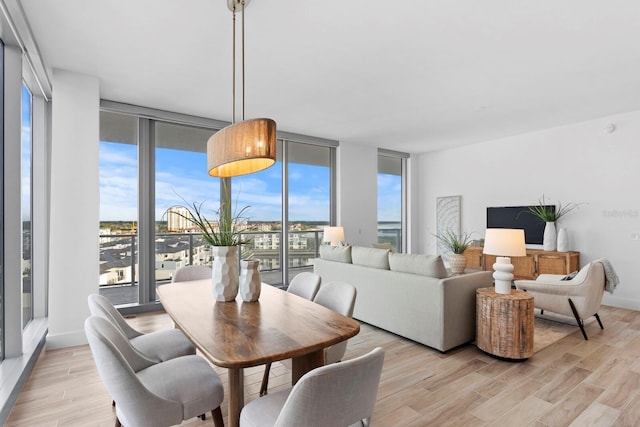 dining room featuring expansive windows, a wealth of natural light, and light hardwood / wood-style floors