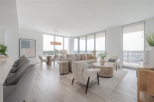 living room featuring plenty of natural light, light hardwood / wood-style flooring, and a wall of windows