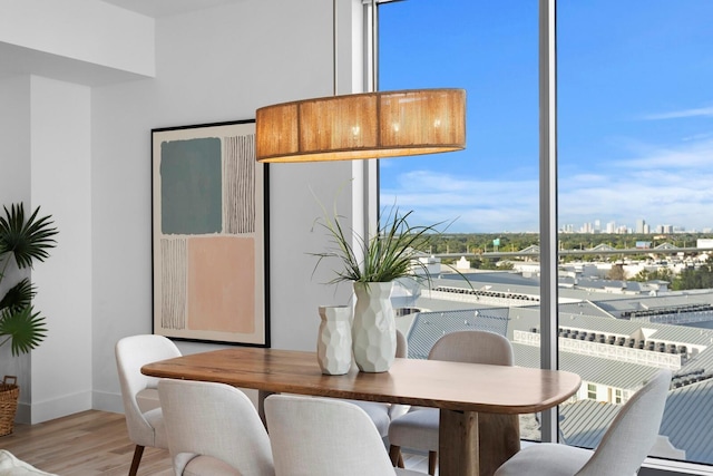 dining room featuring a healthy amount of sunlight, floor to ceiling windows, and light hardwood / wood-style floors