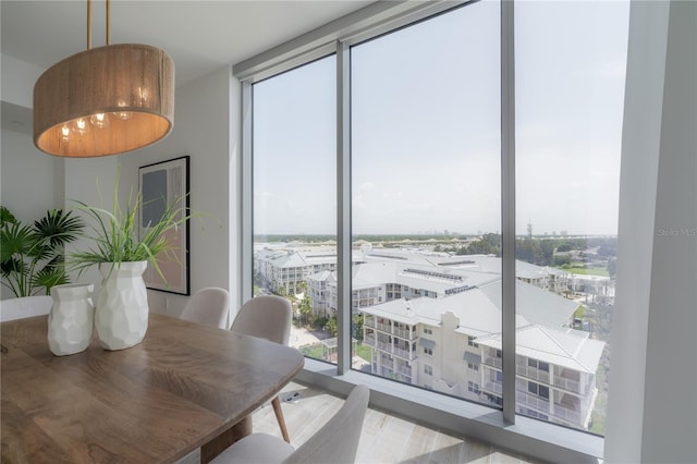 dining space featuring expansive windows and light hardwood / wood-style flooring