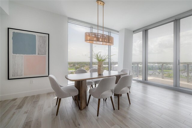 dining space with light hardwood / wood-style floors, a wall of windows, and a wealth of natural light