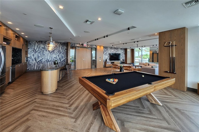 game room featuring pool table and parquet flooring