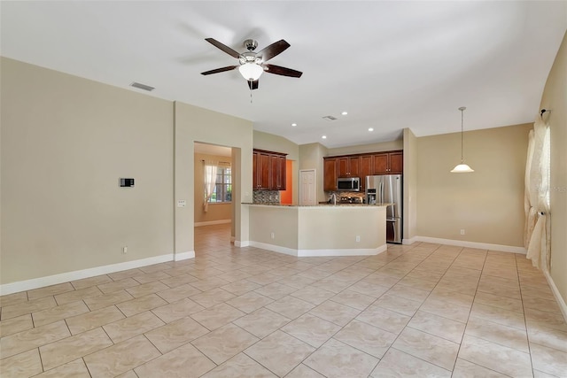 interior space with ceiling fan and light tile patterned flooring