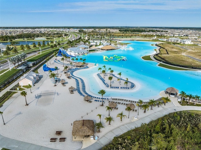 birds eye view of property featuring a water view