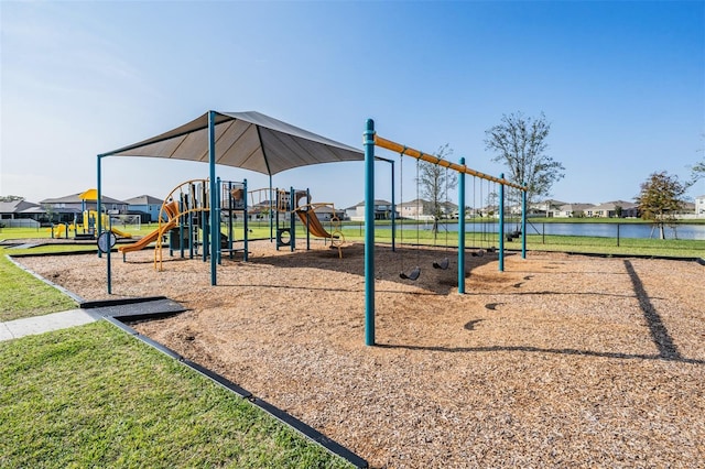 view of play area featuring a water view