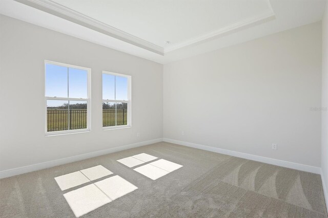 carpeted empty room featuring baseboards, ornamental molding, and a raised ceiling