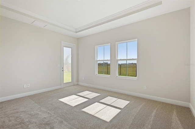 spare room with crown molding, baseboards, a tray ceiling, and light colored carpet