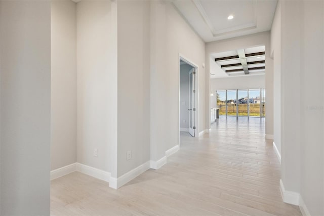 10426 Longmeadow Ave, Parrish, FL 34219 - hall with coffered ceiling, light wood-style flooring, recessed lighting, beam ceiling, and baseboards
