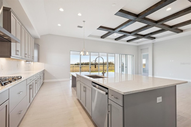 10426 Longmeadow Ave, Parrish, FL 34219 - kitchen with stainless steel appliances, gray cabinetry, a sink, baseboards, and wall chimney exhaust hood