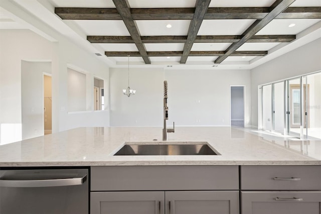 10324 Longmeadow Ave, Parrish, FL 34219 - kitchen with dishwasher, gray cabinets, a sink, coffered ceiling, and beamed ceiling