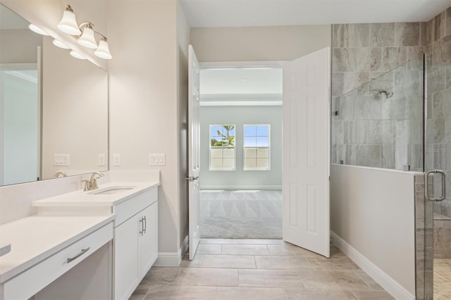 bathroom featuring tile patterned flooring, vanity, and shower with separate bathtub