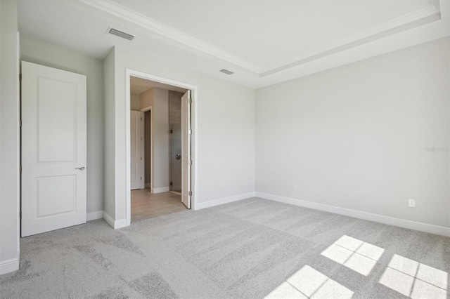 interior space with light carpet and a tray ceiling