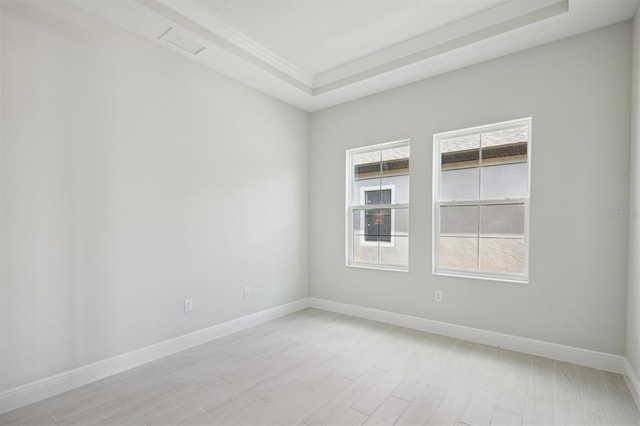 spare room featuring light hardwood / wood-style flooring and a tray ceiling