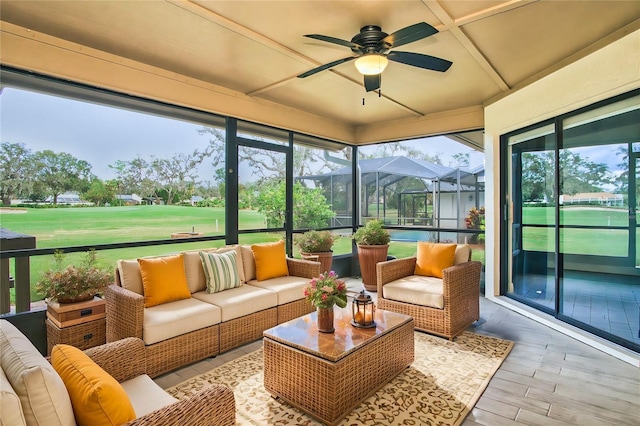 2618 Crestfield Dr, Valrico, FL 33596 - sunroom / solarium with ceiling fan, an outdoor living space, and coffered ceiling