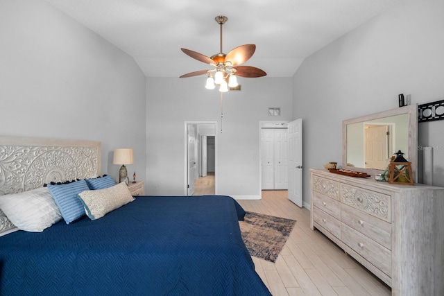 2618 Crestfield Dr, Valrico, FL 33596 - bedroom featuring high vaulted ceiling, light wood finished floors, a ceiling fan, and baseboards
