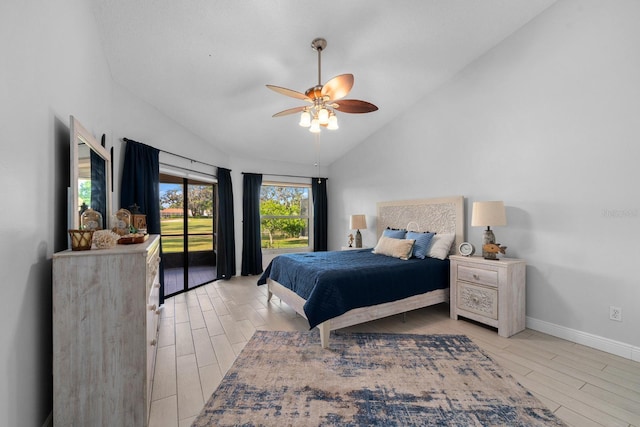 2618 Crestfield Dr, Valrico, FL 33596 - bedroom featuring vaulted ceiling, access to outside, wood tiled floors, baseboards, and a ceiling fan
