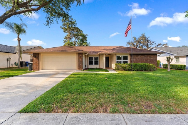 2618 Crestfield Dr, Valrico, FL 33596 - ranch-style house featuring brick siding, an attached garage, concrete driveway, and a front lawn