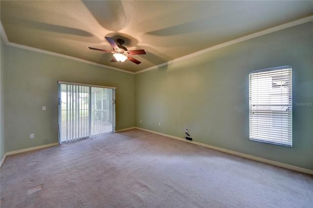 unfurnished room featuring ceiling fan, ornamental molding, plenty of natural light, and light carpet