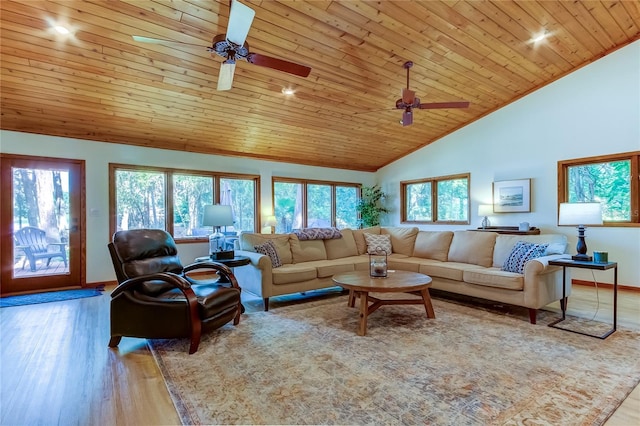 living room featuring high vaulted ceiling, wooden ceiling, and light wood-type flooring