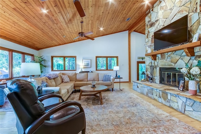 living room featuring wood ceiling, a stone fireplace, high vaulted ceiling, and light wood-type flooring