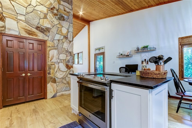 kitchen with white cabinetry, light wood-type flooring, wood ceiling, and stainless steel electric range