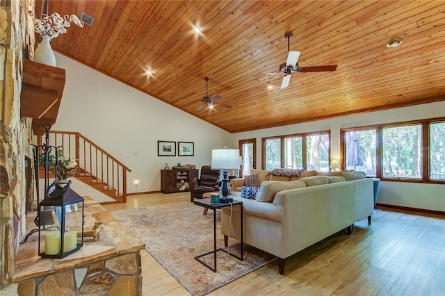 living room featuring ceiling fan, wooden ceiling, high vaulted ceiling, and light wood-type flooring