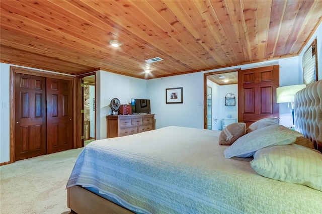 bedroom with carpet floors and wooden ceiling