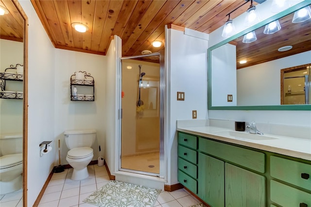 bathroom featuring tile patterned flooring, an enclosed shower, wood ceiling, and toilet