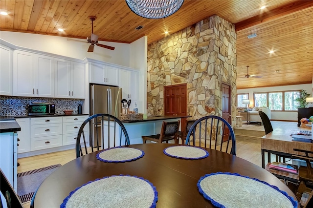 dining room featuring wood ceiling, ceiling fan, and light hardwood / wood-style flooring