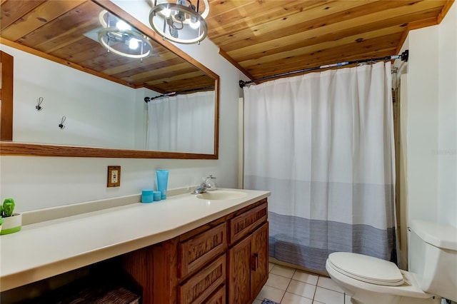 bathroom with vanity, toilet, tile patterned flooring, and wooden ceiling