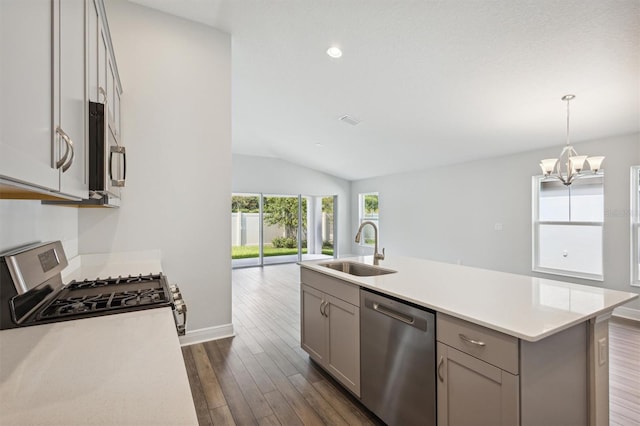 kitchen with dark hardwood / wood-style floors, gray cabinetry, an island with sink, stainless steel appliances, and sink