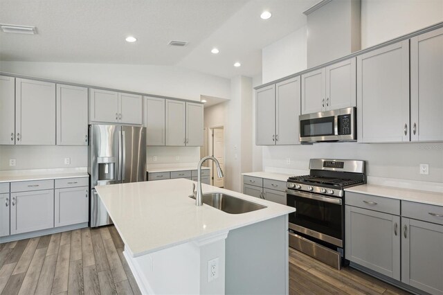 kitchen with appliances with stainless steel finishes, sink, an island with sink, and vaulted ceiling