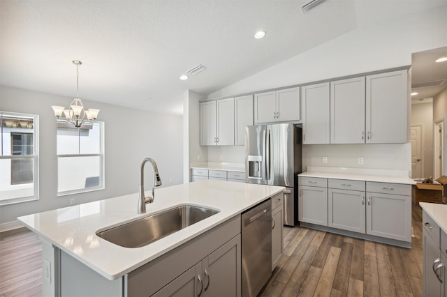 kitchen featuring an island with sink, stainless steel appliances, a sink, and light countertops