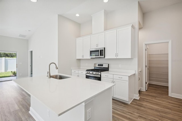 kitchen featuring stainless steel appliances, a sink, white cabinets, light countertops, and a center island with sink