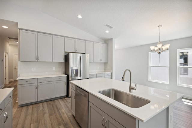 kitchen featuring a kitchen island with sink, stainless steel appliances, a sink, light countertops, and gray cabinets