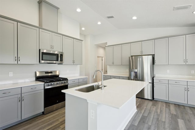 kitchen with a center island with sink, appliances with stainless steel finishes, light countertops, and a sink