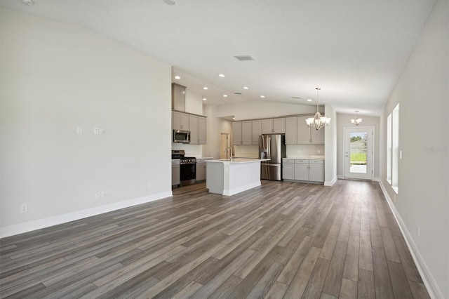 kitchen featuring stainless steel appliances, open floor plan, light countertops, an island with sink, and pendant lighting