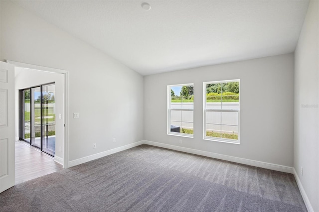 spare room with lofted ceiling, light carpet, and a healthy amount of sunlight