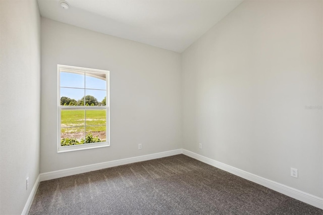 spare room with vaulted ceiling, carpet, and baseboards