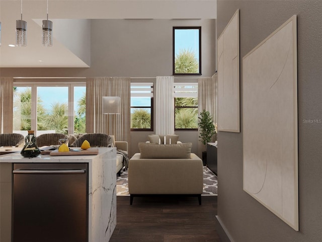 living area with plenty of natural light and dark wood finished floors