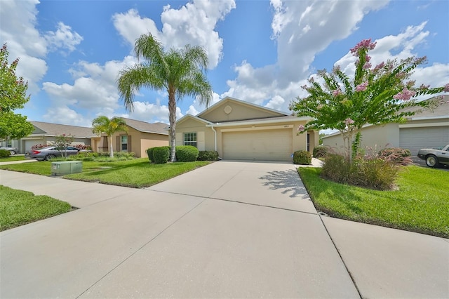 ranch-style home with a garage and a front yard