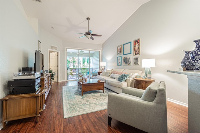 living room featuring ceiling fan, dark hardwood / wood-style flooring, and high vaulted ceiling